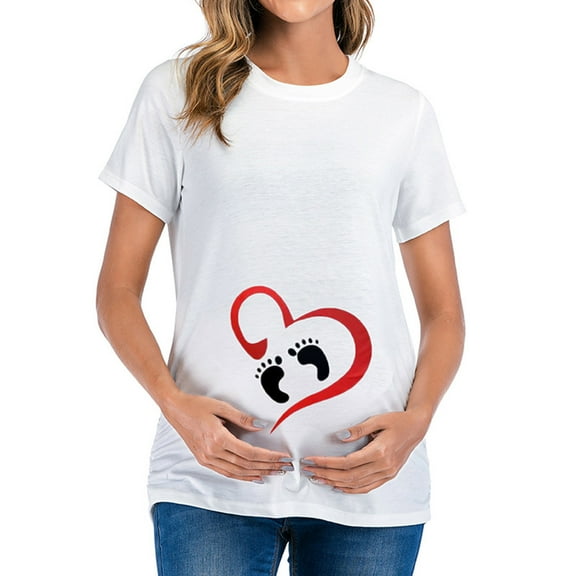 Maternity Graphic T Shirt Womens Short Sleeve Crew Neck Cute Funny Graphic Ruched Sides Tops Pregnancy Tunic Blouse Breastfeeding Clothes for Women White M