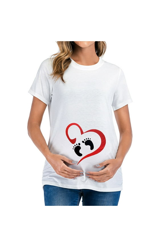 Maternity Graphic T Shirt Womens Short Sleeve Crew Neck Cute Funny Graphic Ruched Sides Tops Pregnancy Tunic Blouse Breastfeeding Clothes for Women White L