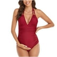 thumbnail image 1 of Maternity Halter Swimsuits for Women Ruched One Piece Bathing Suit Deep V Neck Open Back Swimwear Red, L, 1 of 6