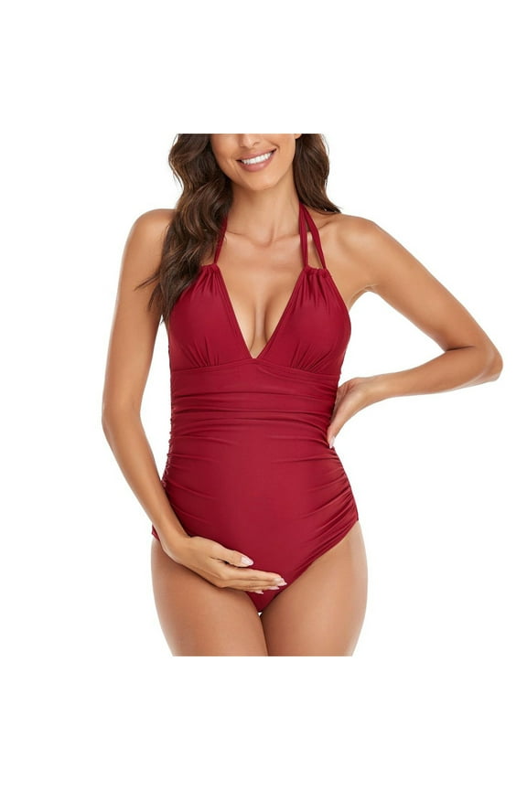 Maternity Halter Swimsuits for Women Ruched One Piece Bathing Suit Deep V Neck Open Back Swimwear Red, L