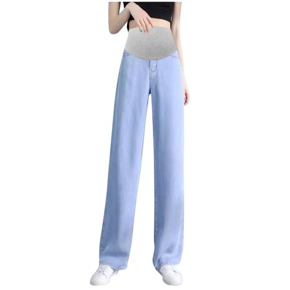 Maternity Jeans Over Belly, Breathable Straight Leg Denim Pants Women's Casual Pregnancy Trousers Belly Support Loose Pants Boyfriend Pregnant Stretchy Joggers with Pockets Lounge Trousers
