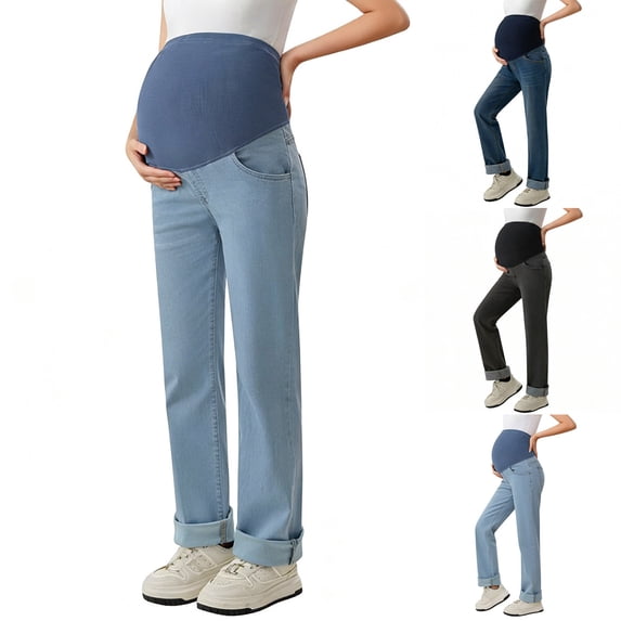 Maternity Jeans Over Belly, Straight Leg Denim Pants Pregnancy Over Bump Trousers Stretchy Adjustable Waist Boyfriend Jeans Pregnant Women Elastic Waist Trousers Full Length Pants with Pockets