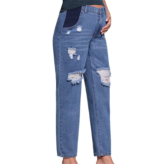 Maternity Jeans Ripped Low Rise Side Panel Pregnancy High Stretchy Denim Pants with Pockets 2026