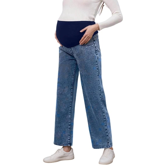 Maternity Jeans for Women Stretch Denim Pants Comfortable Belly Support Wide Leg Trousers Casual Outfit BU2 M