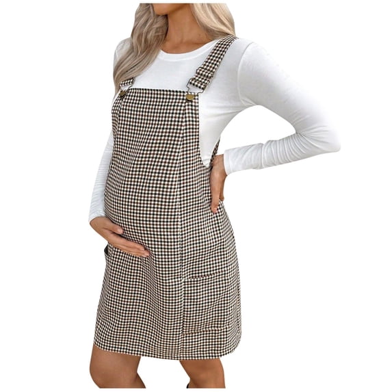 Maternity Jumper Dress Adjustable Straps Checkered 2026 Summer Dresses for Women Pregnant Suspenders Skirt Sleeveless Knee Length Casual