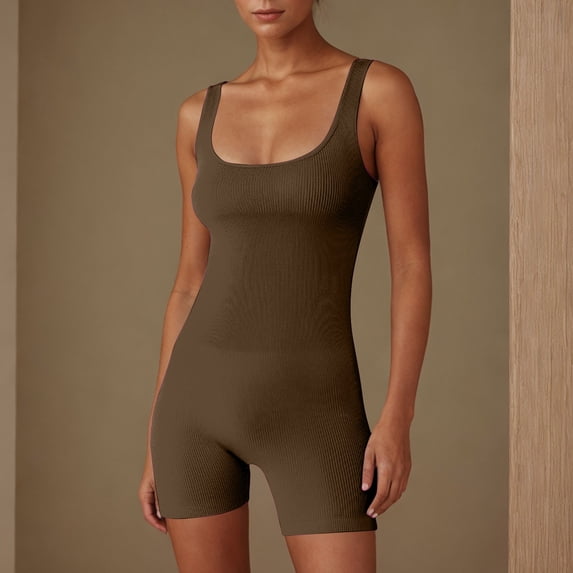 Maternity Jumpsuits for Women Seamless Workout Romper Womens Ribbed Sleeveless Squares Neck Bodycon Jumpsuit, Stretchy Yoga Bodysuit for Gym Casual Active Wear Coffee L