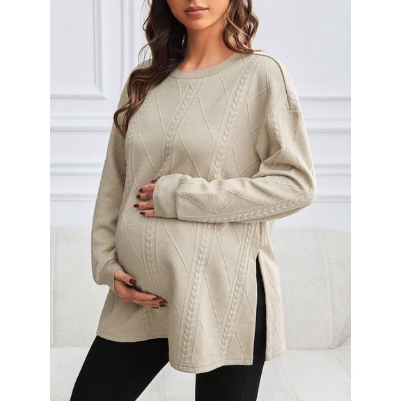 Maternity  Knit Sweater Round Neck Long Sleeve Side Slit Loose Fit Pullover Top