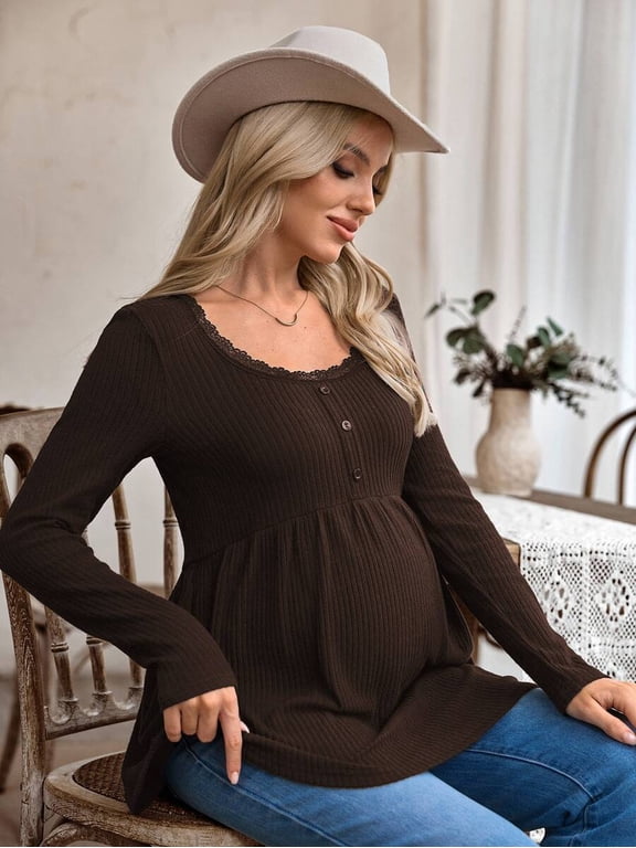Maternity Lace Trim Long Sleeve Top, U-Neck Button Front Empire Waist Blouse, Loose Fit Flowy Pregnancy Shirt, Casual Everyday Wear for Moms