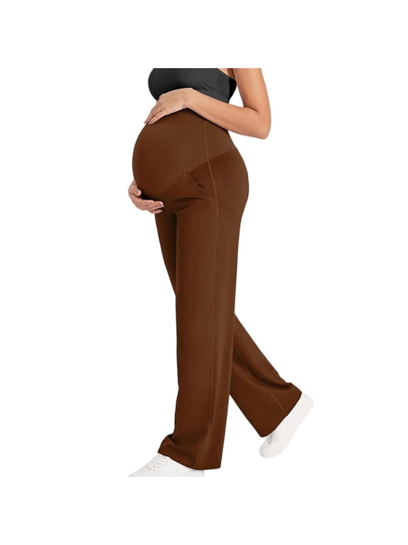Maternity Leggings Over Bump Stretchy Pregnancy Yoga Pants Lounge High Waisted Wide Leg Work Trousers Buttery Soft Bootcut Leggings with Pockets Fall Winter Sweatpants Activewear Maternity Clothes