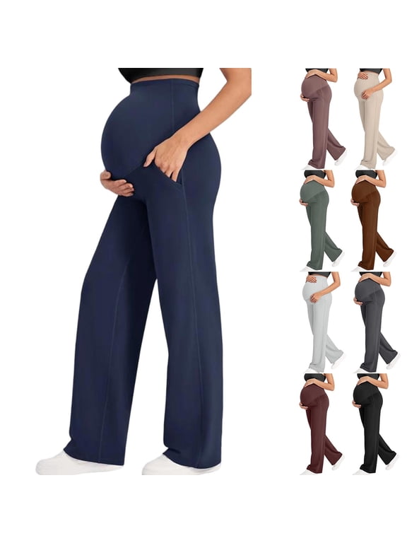 Maternity Leggings Over Bump Stretchy Pregnancy Yoga Pants Lounge High Waisted Wide Leg Work Trousers Buttery Soft Bootcut Leggings with Pockets Fall Winter Sweatpants Activewear Maternity Clothes
