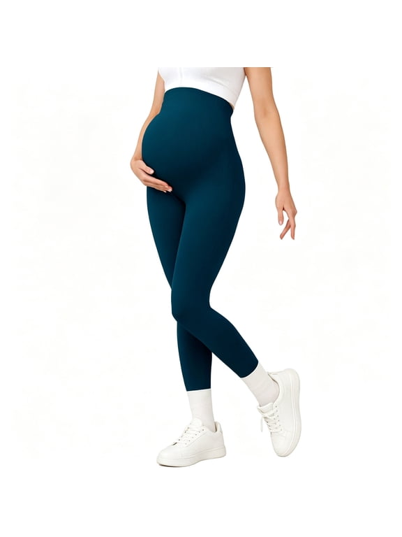 Maternity Leggings Over Bump Buttery Soft Belly Support Adjustable High Waisted Pregnancy Pants Yoga Pajama Blue L