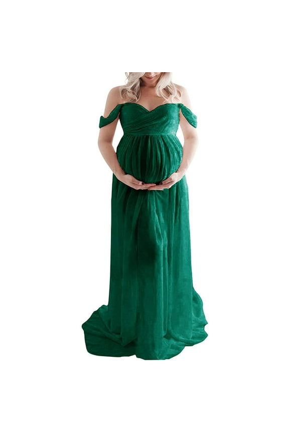 Maternity Long Dress Off Shoulder Elegant Stylish Loose Hem Pregnant Woman Dress for Bridal Shop Shooting Dark Green XL