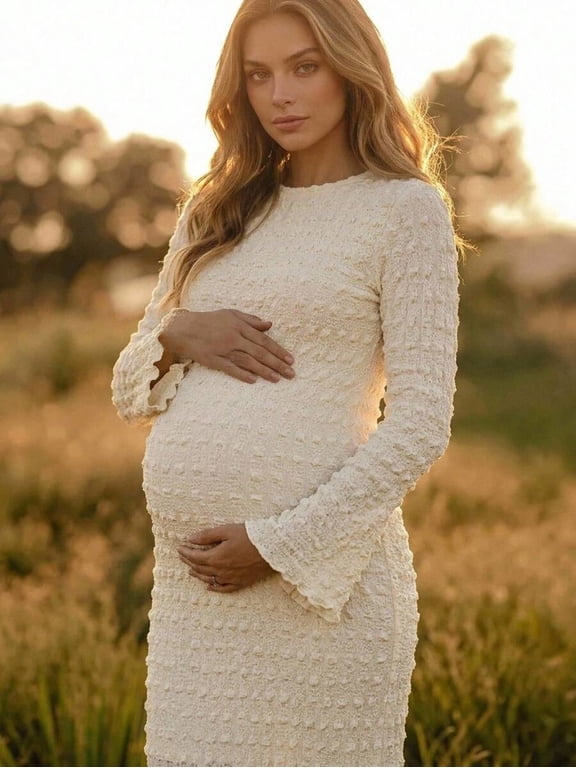 Maternity Long Sleeve Dress, Slim Fit Fitted Pregnancy Dress, Elegant Photo Shoot Dress for Baby Shower and Daily Wear