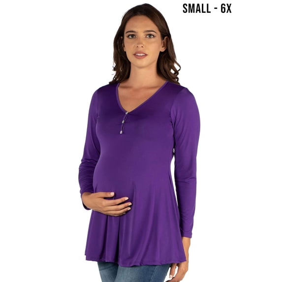 24seven Comfort Apparel Maternity V Neck Long Sleeve Soft Flare Henley Style Tunic Top