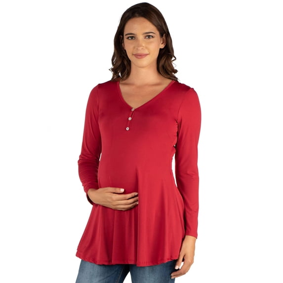 24seven Comfort Apparel Maternity V Neck Long Sleeve Soft Flare Henley Style Tunic Top