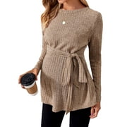 MERSARIPHY Maternity Long Sleeve Shirt Tie Knot Front Maternity Ribbed Knit Tops