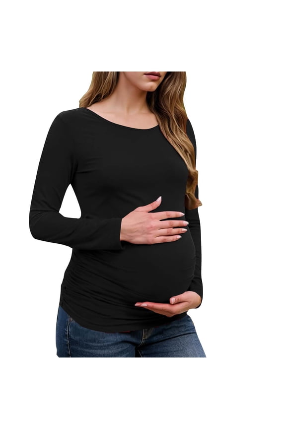 Maternity Long Sleeve Shirts for Women Side Ruched Pregnancy Top Crew Neck Stretch Tunic Blouse for Casual Everyday Wear