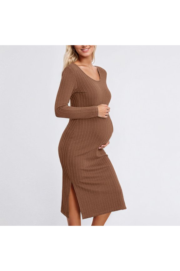 Maternity Long Sleeve Side Slit Loose Knit Ribbed Bodycon Dress For Pregnancy Comfort And Style In Fall And Winter Seasons