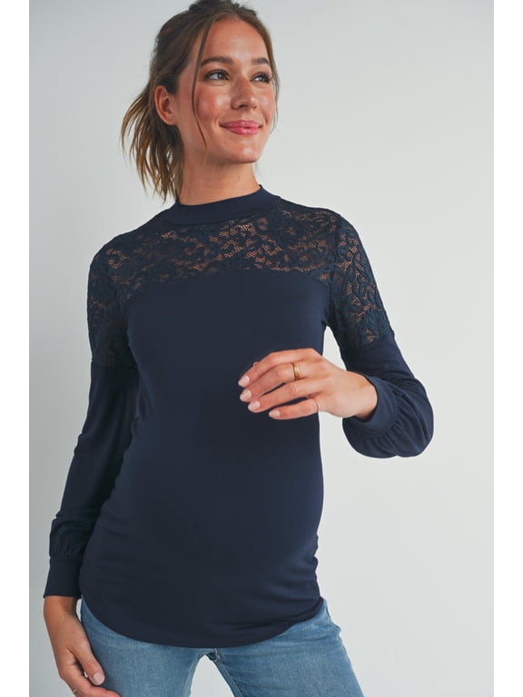 Maternity Long Sleeve Top with Lace Yoke and Mock Neck, Stretch Pregnancy Shirt