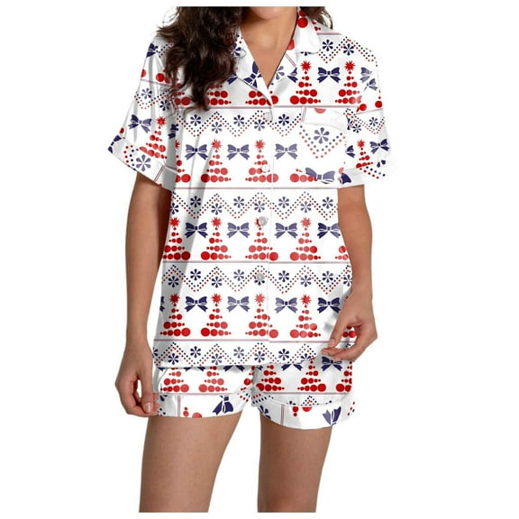 Maternity Lounge Wear – Pajamas for Women Set & Button Up Pajamas Women's Casual Christmas Print Pajama Set Silk Satin Short Sleeve Button Up Top And Shorts Set