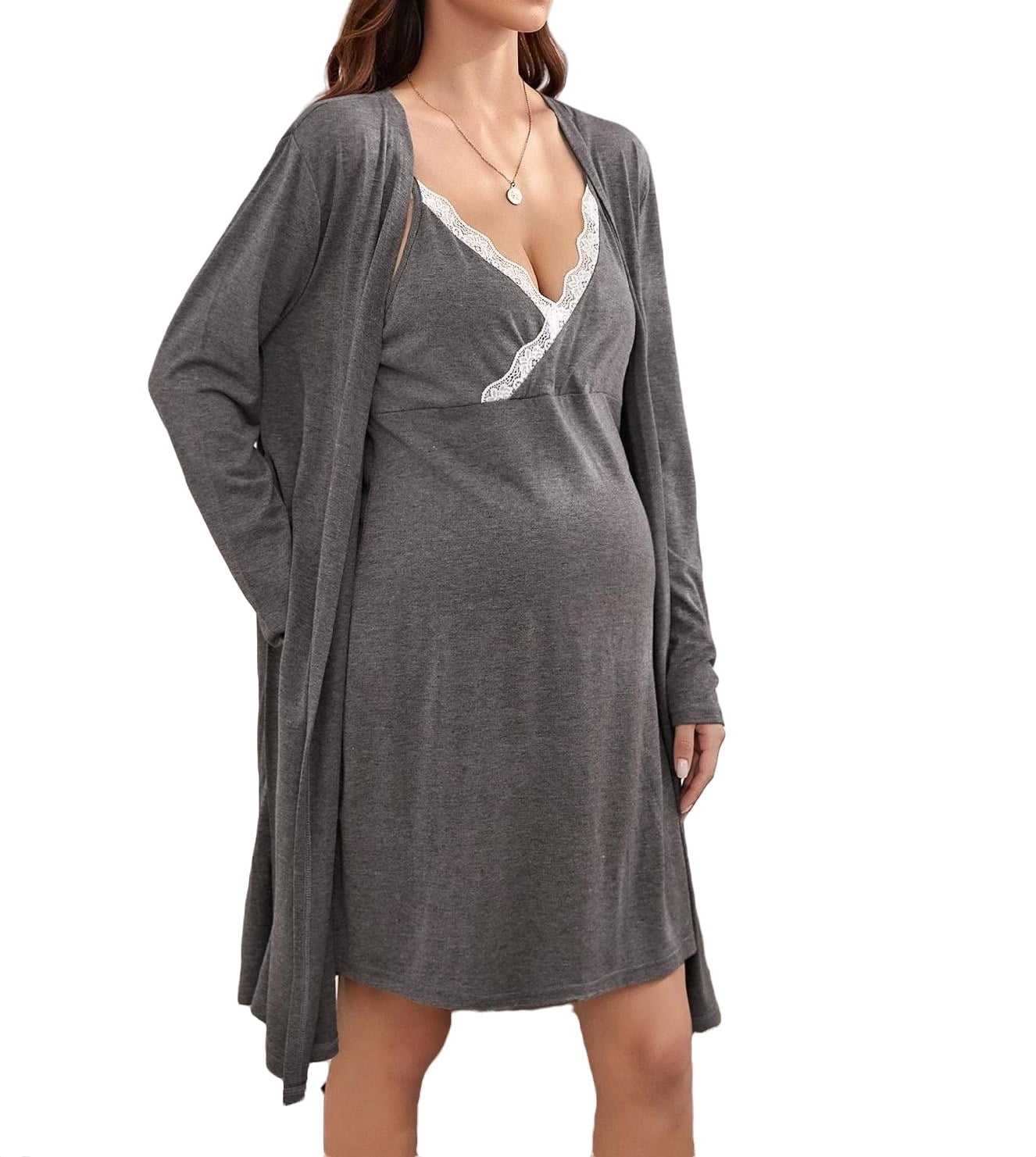 Maternity Loungewear Cami Sleep Dress Robe Lounge Set Dark Grey XL
