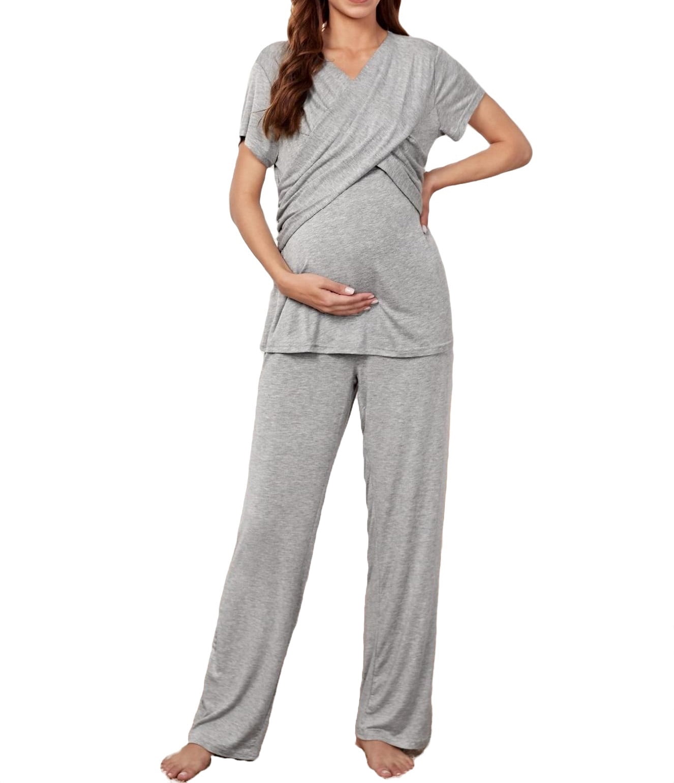 Maternity Loungewear V neck Nursing Top and Pants Lounge Set Light Grey S Walmart