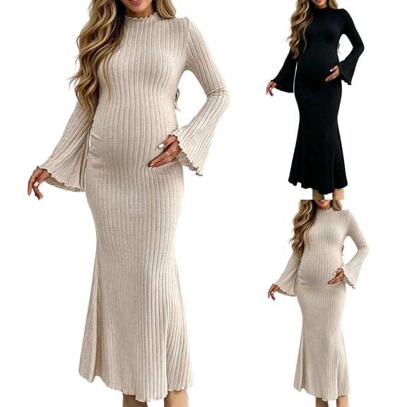Maternity Maxi Dress for Women, Ribbed Knit Scalloped Neck Bell Long Sleeve Slim Stretchy Bodycon Pregnancy Dresses, S-XXL