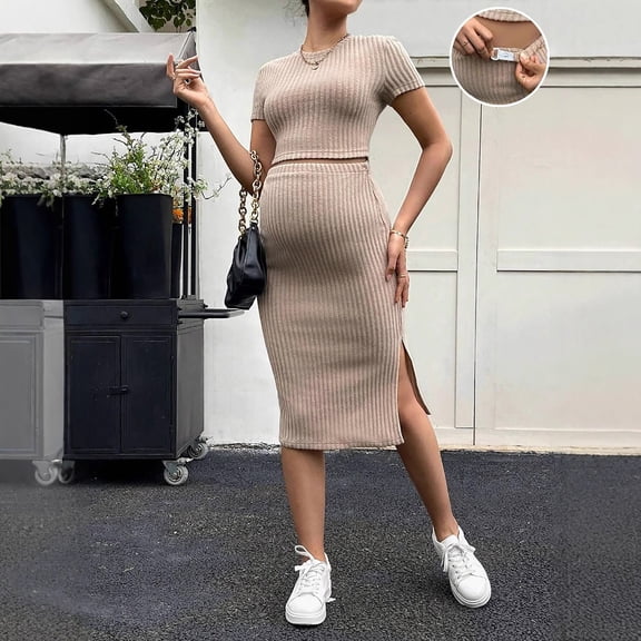 Maternity Midi Length Dresses Solid Color Short Sleeve Crew Neck Stretchy Casual Dress Comfortable Breathable Lightweight Skirt with Waist Side Slit Khaki, M