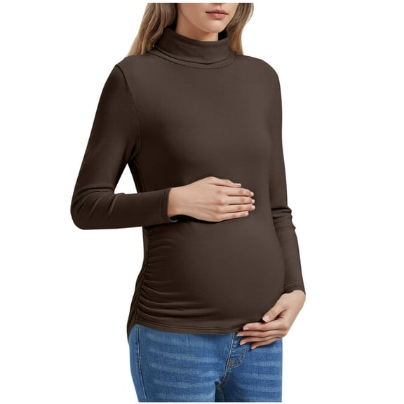 Maternity Mock Neck Shirts, Long Sleeve Soft Comfy Maternity Tops, Pregnancy Shirts Ruched Side Base Layer