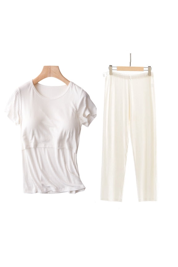 Maternity Modal Sleepwear Two Piece Set Ribbed Padded Bra Short Sleeve Tops Pants Comfy Pregnancy Pajamas Pjs White, XL