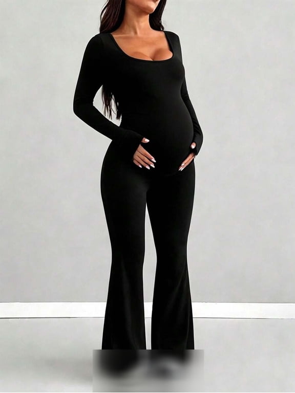 Maternity Neck Jumpsuit Long Sleeve Fitted Flared Leg High Stretch Knit Slim Fit