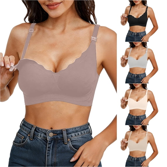 Maternity Nursing Bra Seamless Wireless Bust Support Pregnancy Postpartum Breastfeeding Comfort Fit Daily Home Smooth Triple Hook, M, Khaki