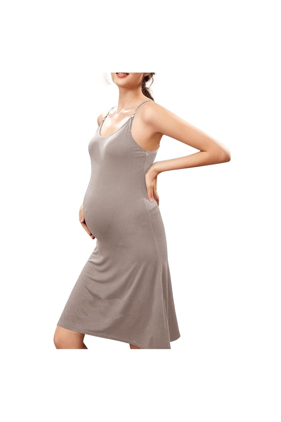 Maternity Nursing Dress Women Modal Sleeveless V-Neck Postpartum Nightgown Full Slip Comfortable Loungewear for Breastfeeding Moms,M,Khaki