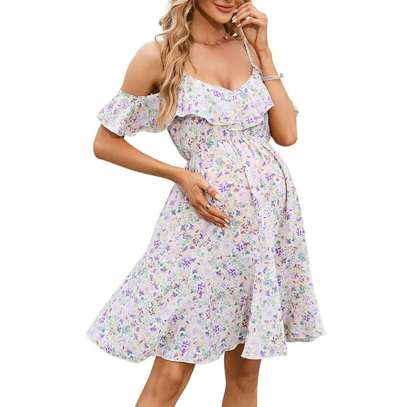 Maternity Nursing Dress Womens Spaghetti Strap Ruffle Sleeve Daisy Printed Tiered Flowy Swing