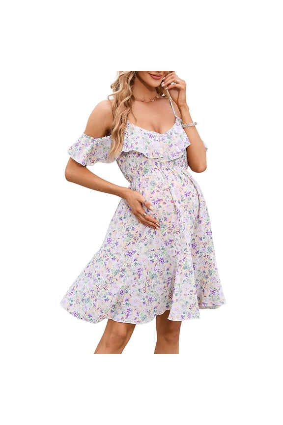 Maternity Nursing Dress Womens Spaghetti Strap Ruffle Sleeve Daisy Printed Tiered Flowy Swing