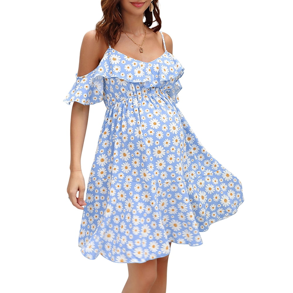 flowy nursing dress Maternity Womens Spaghetti Strap Ruffle Sleeve Daisy Printed Tiered Swing Drop|3_21SS