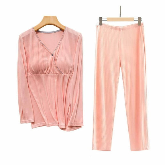 Maternity Nursing Pajamas Set Postpartum Breastfeeding Long Sleeve Shirts, 2 PCS Pregnancy Blouse & Pants Pjs Pink XL