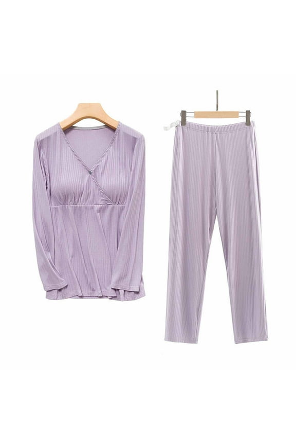 Maternity Nursing Pajamas Set Postpartum Breastfeeding Long Sleeve Shirts, 2 PCS Pregnancy Blouse & Pants Pjs Purple XXL