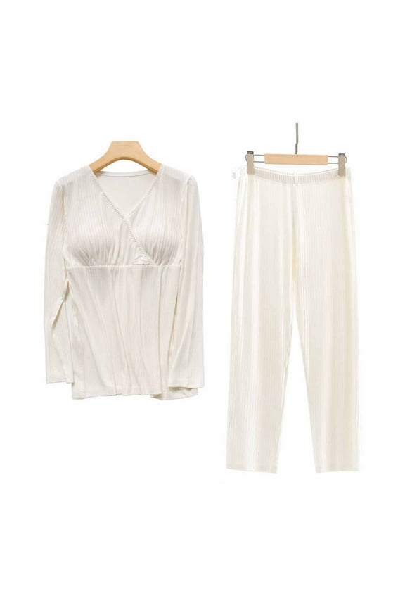 Maternity Nursing Pajamas Set Postpartum Breastfeeding Long Sleeve Shirts, 2 PCS Pregnancy Blouse & Pants Pjs White M