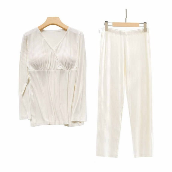 Maternity Nursing Pajamas Set Postpartum Breastfeeding Long Sleeve Shirts, 2 PCS Pregnancy Blouse & Pants Pjs White XL