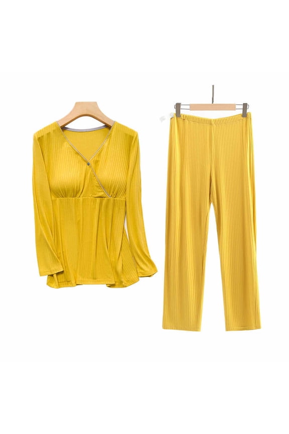 Maternity Nursing Pajamas Set Postpartum Breastfeeding Long Sleeve Shirts, 2 PCS Pregnancy Blouse & Pants Pjs Yellow L