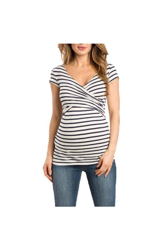 Maternity Nursing Shirts for Women Wrap V Neck Cap Sleeve, Striped Soft Stretch Breastfeeding Pregnancy Top