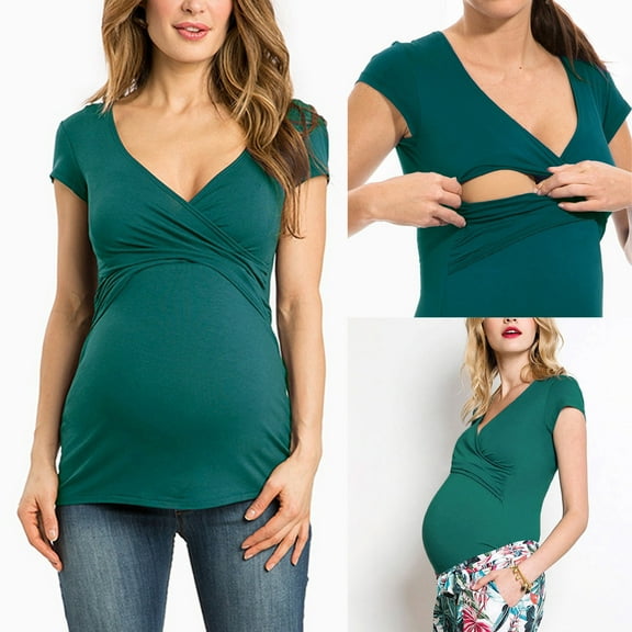 Maternity Nursing T Shirt Short Sleeve V-Neck Breastfeeding Tops Front Pleat Maternity Clothes Pregnancy Tunic Green L