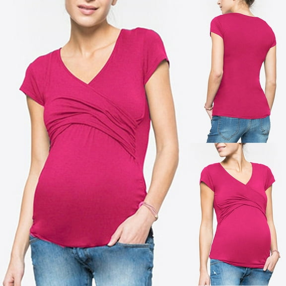 Maternity Nursing T Shirt Short Sleeve V-Neck Breastfeeding Tops Front Pleat Maternity Clothes Pregnancy Tunic Hot Pink XL