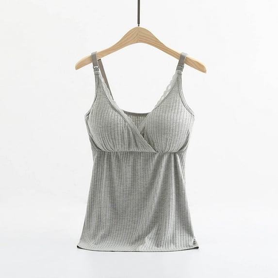 Maternity Nursing Tank Tops Built in Bra for Breastfeeding Basic Camisole Gray M