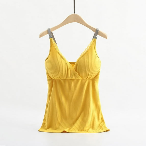 Maternity Nursing Tank Tops Built in Bra for Breastfeeding Basic Camisole Yellow M