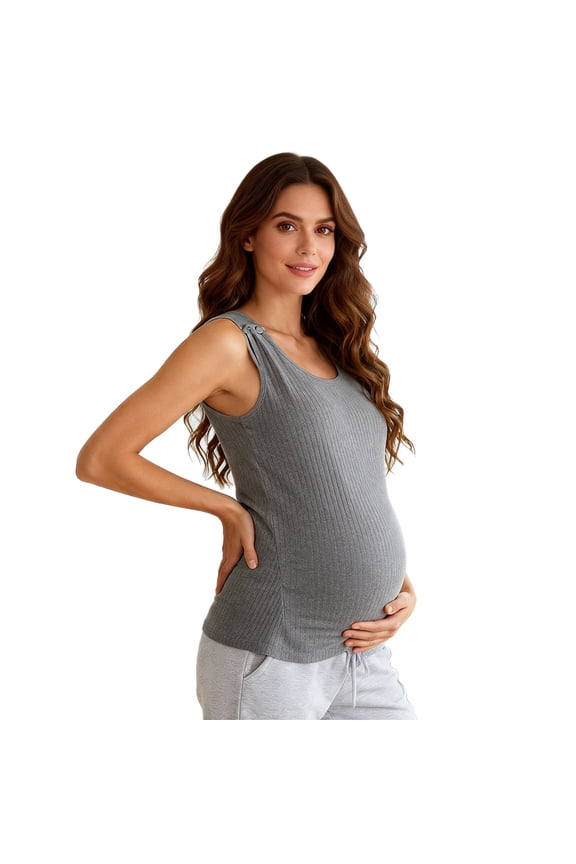 Maternity Nursing Tank Tops with Shoulder Buttons & Built-In Bra, Ribbed Knit Sleeveless Scoop Neck Pregnancy Shirts, Mama Clothes Summer Casual Stretchy Top for Baby Shower