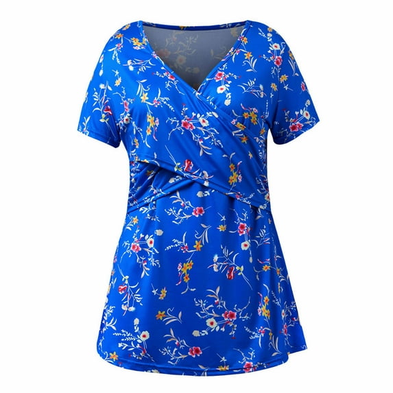 Maternity Nursing Top for Women Printed Crew Neck Breastfeeding Tank Tee Shirt Double Layer Pregnancy Clothes