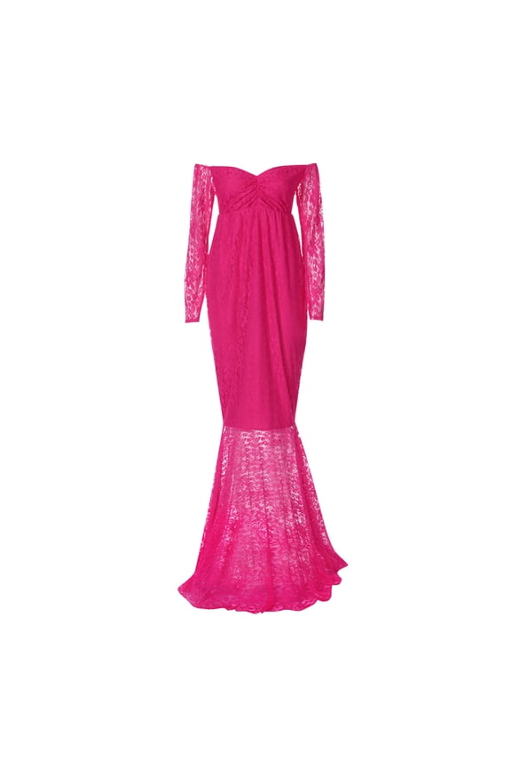 Maternity Off Shoulder Chiffon Photography Gown Long Sleeve Lace Stitching Maxi Dress for Baby Shower