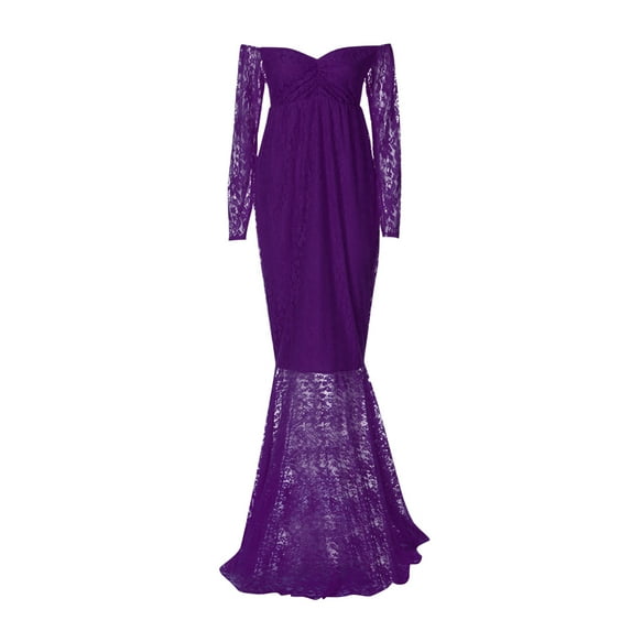 Maternity Off Shoulder Chiffon Photography Gown Long Sleeve Lace Stitching Maxi Dress for Baby Shower